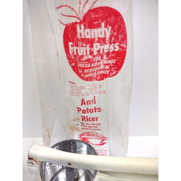 Vintage Metal White Handled Potato Rice Masher Juicer Strainer Press w OEM Bag - Picture 8 of 10